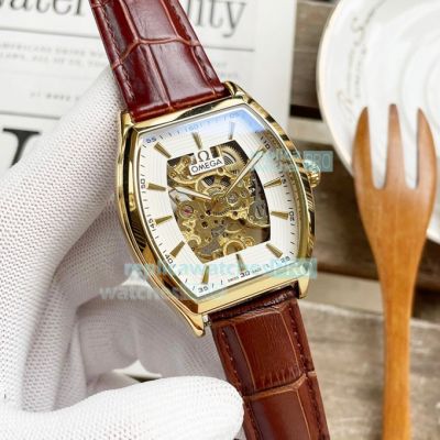 Copy Omega Men White hollowed out Face Brown Leather Strap Watch 41mm